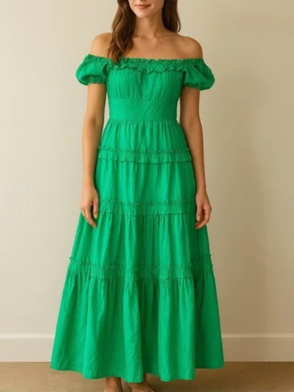 Love the Label Tuckernuck Kelly Green Ruffle Tiered Off the Shoulder Maxi Dress